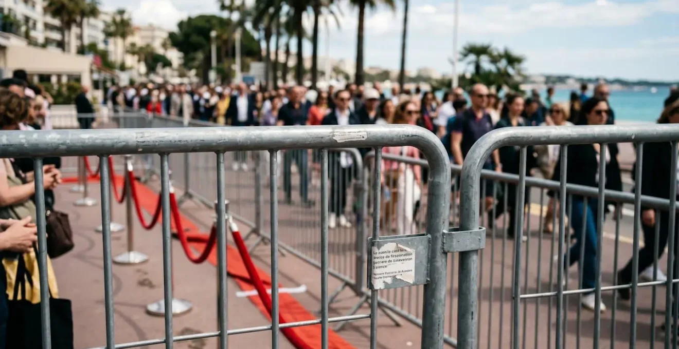 Barrière de sécurité métallique sur la Croisette pendant le Festival de Cannes avec foule en arrière-plan et installation du tapis rouge partiellement visible