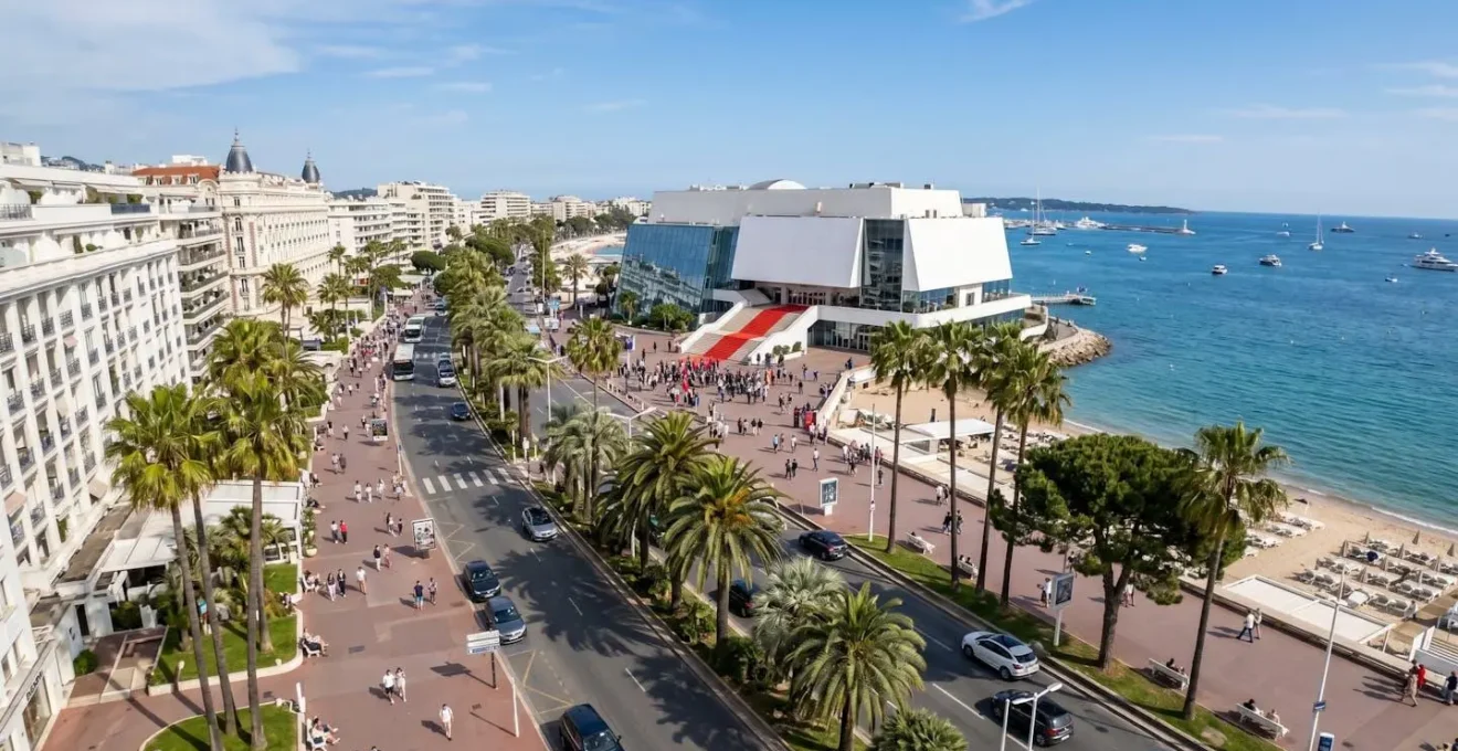 Vue panoramique de la Croisette à Cannes avec le Palais des Festivals et ses escaliers rouges en arrière-plan, bordée de palmiers et de la mer Méditerranée