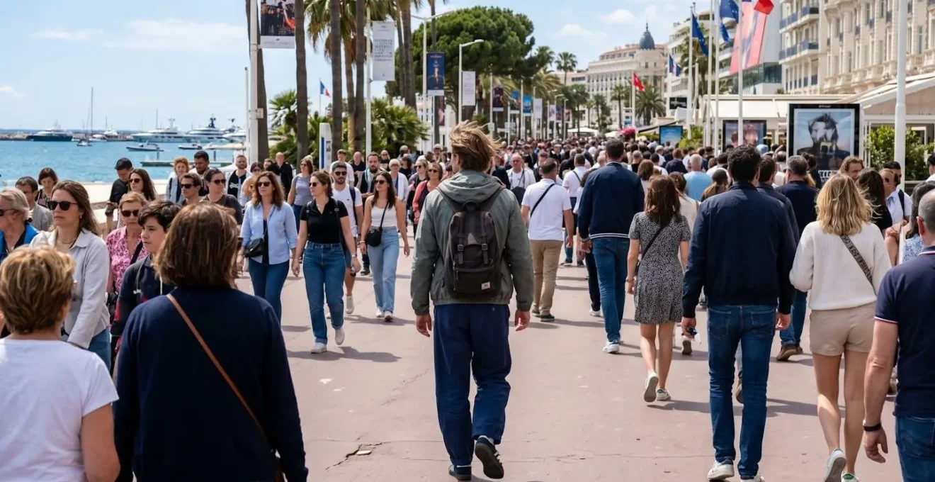 Personne marchant sur la Croisette au milieu de la foule pendant le Festival de Cannes, vue de dos avec palmiers et mer Méditerranée en arrière-plan